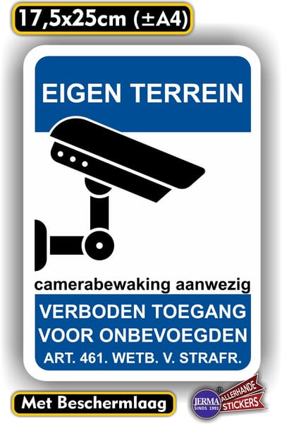 Jerma - EIGEN TERREIN - Sticker - camerabewaking - 17.5x25 cm - Vinyl - Zelfklevend - Weerbestendig