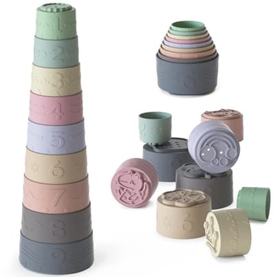 Babyspeelgoed stapelbekers - Sensorische toren - Motoriek ontwikkelen - Veilig siliconen materiaal - 9 stuks - Pastelkleuren