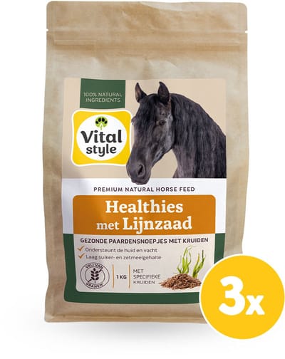 VITALstyle Healthies Met Lijnzaad - Gezonde Paardensnoepjes - Laag In Suiker - Ondersteunt De Huid & Vacht - 3 x 1 kg