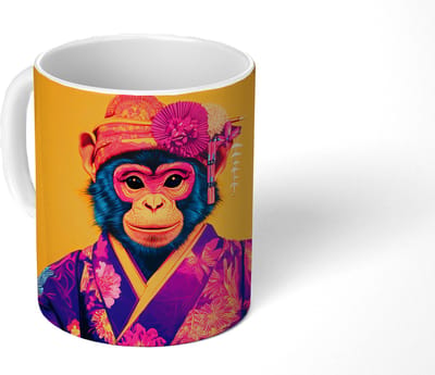 Mok - Koffiemok - Aap - Kimono - Bloemen - Hoofdtooi - Mokken - 350 ML - Beker - Koffiemokken - Theemok