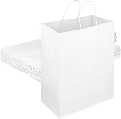 Grote Papieren Tassen 50 Stuks 26x12x33cm - Stevige Witte Kraft Tassen met Handvat voor Verpakking, Winkelen en Feestjes