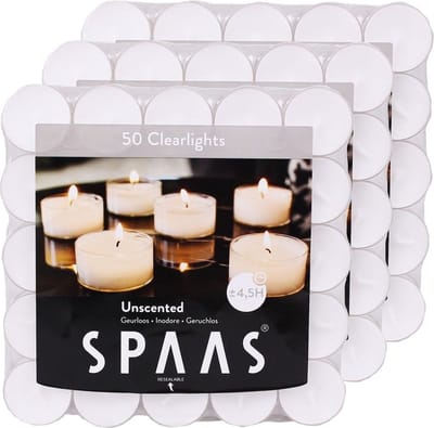 Spaas Clearlights theelichtjes/waxinelichtjes - 150x - wit - 4,5 branduren - transparante cup