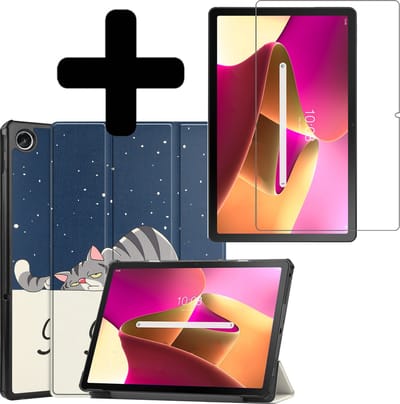 Hoes - Geschikt voor Lenovo Tab M10 Plus (3e / 3rd Generatie) - Met Screenprotector - Trifold Bookcase - Hard Cover - Hardcover Book Case - Tablet Hoesje - Kat