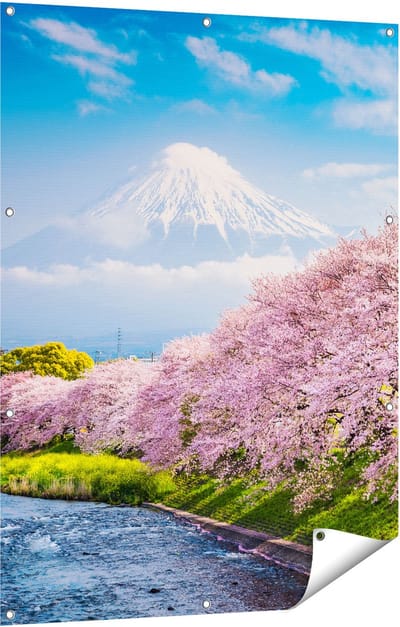 Gards Tuinposter Roze Bloesembomen bij de Fuji Berg - 90x120 cm - Tuindoek - Tuindecoratie - Wanddecoratie buiten - Tuinschilderij