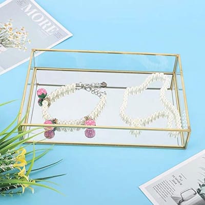Vintage Make-up Tassen - Metalen Glazen Opbergdoos met Gouden Dienblad voor Sieraden en Cosmetica
