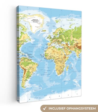 Canvas schilderij - Wereldkaart 30x40 - Kamer decoratie accessoires - Schilderijen wereld kaart woonkamer - World map wanddecoratie slaapkamer - Muurdecoratie keuken - Wanddoek interieur binnen - Woondecoratie huis - Woonaccessoires