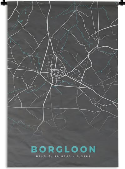 Wandkleed - Wanddoek - België – Borgloon – Stadskaart – Kaart – Blauw – Plattegrond - 120x180 cm - Wandtapijt