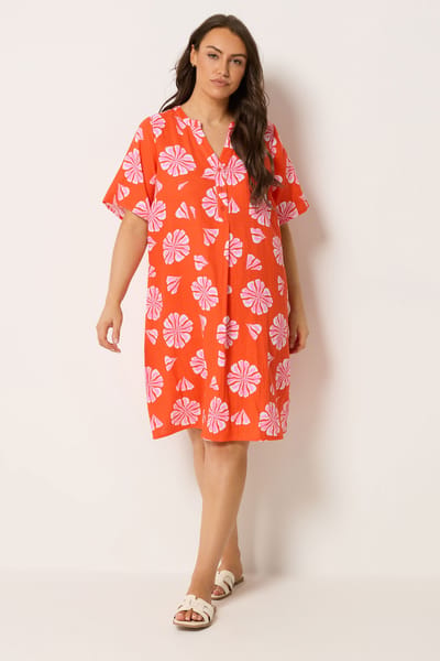 Yours Oranje Jurk Met Bloemenprint En Plooien Aan De Voorkant Size 42