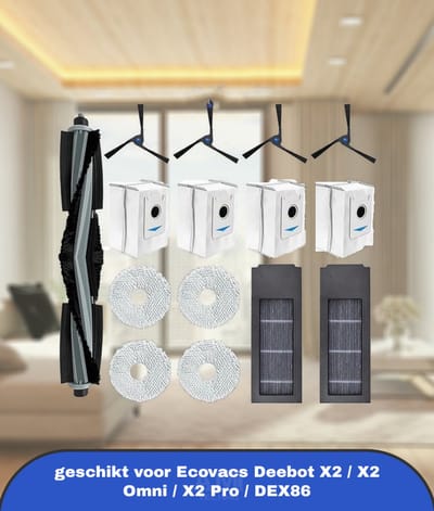 15 stuks vervangende accessoires set geschikt voor Ecovacs Deebot X2 / X2 Omni / X2 Pro / DEX86 stofzuiger reserveonderdelen, 1 hoofdborstel, 4 zijborstels, 2 hepa-filters, 4 stofzakken, 4 dweildoeken