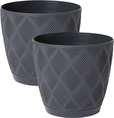 Form Plastic Plantenpot/bloempot New Age - 2x - kunststof - antraciet - D27 x H24 cm - met opvang schotel - rond
