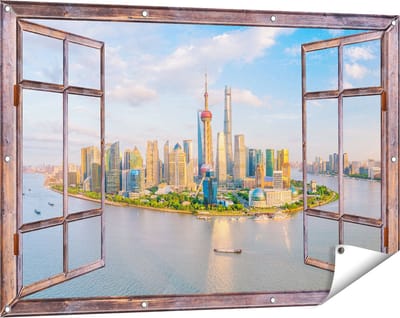 Gards Tuinposter Doorkijk Skyline Shanghai Stad in China - 120x80 cm - Tuindoek - Tuindecoratie - Wanddecoratie buiten - Tuinschilderij