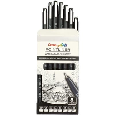 Pentel Perma fineliners, 8-delige set, zwart, 0,03-0,8 mm