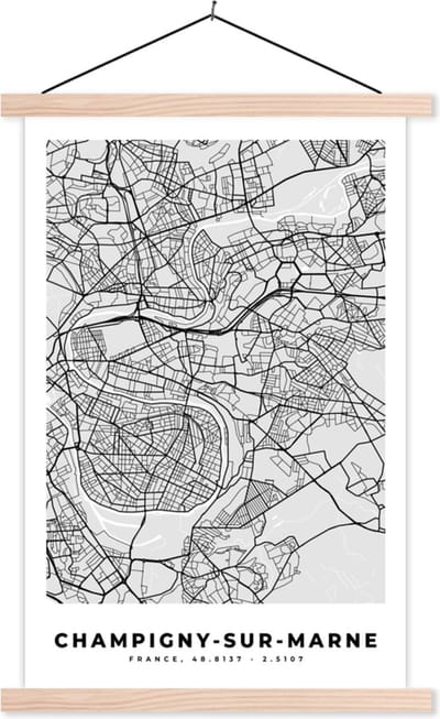 Posterhanger incl. Poster 40x60 cm - Schoolplaat - Champigny-sur-Marne - Plattegrond - Frankrijk - Kaart - Stadskaart - Textielposter - Blanke latten - Stadskaart