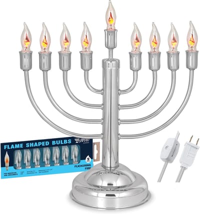 Elektrische Menorah - Kandelaar Feestverlichting - Feestelijke Verlichting - Flakkerende Vlam Lampen - 31.75 cm hoog - Zilverkleurig