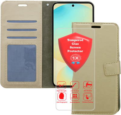 Bookcase Geschikt voor: Samsung Galaxy A36 Goud - Portemonnee hoesje met 1x Glas Screen protector - Book Cover