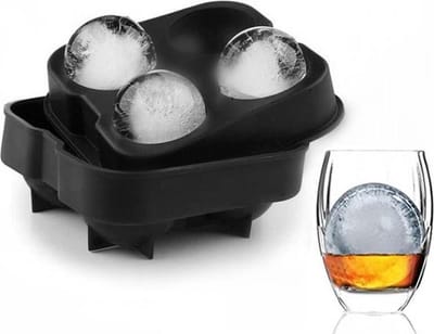 LOUZIR Whiskey Ice Cube Ijsblokjes – Ijsklontjes vorm rond siliconen – Ijsballen vorm – 4 ballen - Met deksel - Zwart