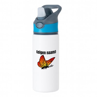 Hacebo® - oranje vlinder met eigen naam waterfles met rietje blauw - Vlinder - dieren liefhebber - iemand die houdt van vlinders - verjaardag - cadeau - kado - geschenk - water fles - 650ML