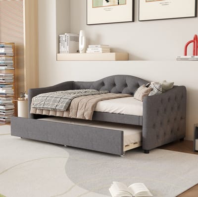 FloraGrace Slaapbank 90x200 cm - Dagbed Met Uitschuifbaar Rolbed - Zonder Matras - Eenpersoonsbed Voor Slaapkamer - Stof MDF - Grijs