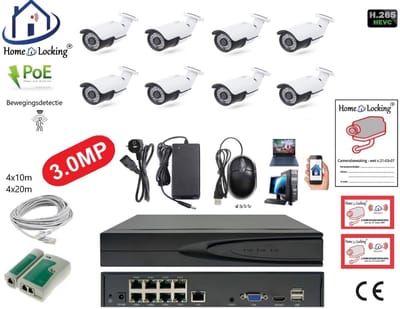 Home-Locking complete set PoE camera beveiligingssysteem met bewegingsdetectie camera's en NVR 8ch 8MP H265 met 8 bullet metaal camera's 3.0MP. CS-8-1475