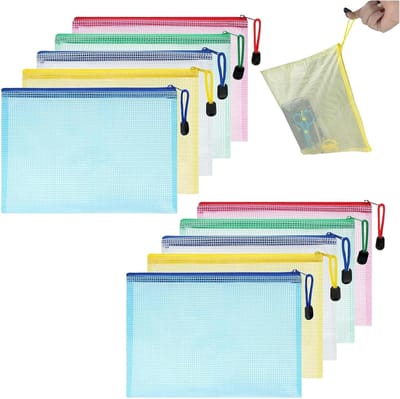 10-delige set A4 documentenhoezen met ritssluiting – waterdichte mesh plastic opbergmappen 33×24 cm – ritshoezen in 5 kleuren voor papieren, bonnetjes, cosmetica & kantoorbenodigdheden