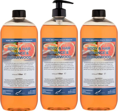 Body & Hair Sweet Orange & Cedarwood 1 Liter - met gratis pomp - set van 3 stuks - 2 in 1 voor lichaam en haar.