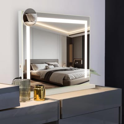 Verlichte Hollywood Make-up Spiegel 50 x 40 cm, Dimbare LED Spiegel met 3 Kleuren, 5x Vergroting en USB Aansluiting voor Slaapkamer en Badkamer