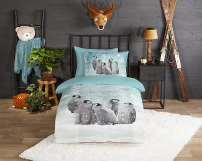Good Morning dekbedovertrek pinguins - 1 persoons 140x200/220 cm - Blauw - 100% Katoen flanel