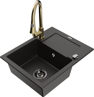 Mexen Enzo granieten gootsteen 1-komers met afdruiprek en keukenmengkraan Elia, zwart/gouden metallic - 6506-75-670101-50-B