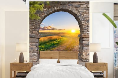 Behang - Fotobehang Platteland - Zon - Doorkijk - Landschap - Breedte 160 cm x hoogte 220 cm
