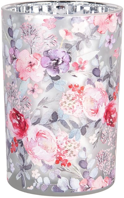 Clayre & Eef Theelichthouder Ø 12x18 cm Grijs Roze Glas Bloemen
