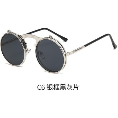 Lunettes de soleil Steampunk à rabat en métal Old Flip idéales pour un usage quotidien matériau premium Montures rondes en verre Mode Hommes et Femmes white
