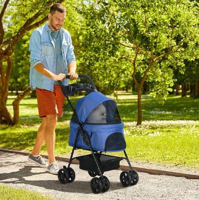 HAUSS SPOLE Hondenbuggy – Opvouwbaar – 67 x 45 x 96 cm – Oxford Stof – Blauw – Voor Kleine Honden En Katten – Met Opbergmand