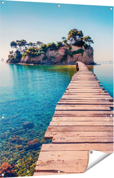 Gards Tuinposter Pad op het Water naar een Grieks Eiland - 90x120 cm - Tuindoek - Tuindecoratie - Wanddecoratie buiten - Tuinschilderij