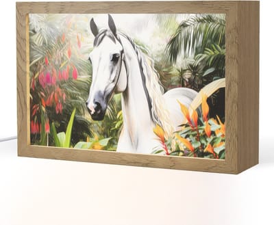 Nachtlampje 30x20 cm - Kinder lampje - Paard - Wit - Bos - Bloemen - Planten - Tafellamp kinderkamer - Slaapkamer lamp - Bedlamp kinderen - Kinderlampje stopcontact - Wandlamp babykamer - Nachtlampjes