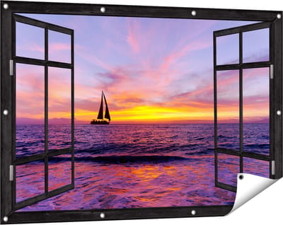 Gards Tuinposter Doorkijk Zeilboot Silhouet bij Zonsondergang - 120x80 cm - Tuindoek - Tuindecoratie - Wanddecoratie buiten - Tuinschilderij