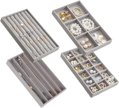 Organisator voor Sieraden in Lades - Set van 4, Velvet Sieradenopbergtray voor Oorbellen, Ringen, Kettingen en Horloges (Grijs)