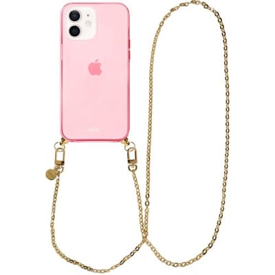 xoxo Wildhearts silicone case met koord - Roze telefoonhoesje met koord - telefoonketting - Dreamy - long - Cord Case - geschikt voor Apple iPhone 12 - Lange gouden ketting