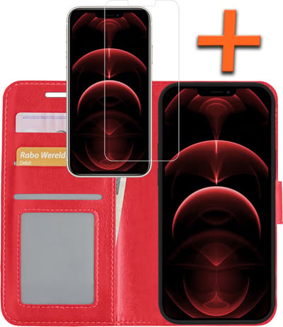 Hoes - Met Screenprotector - Geschikt voor Apple iPhone 13 Mini - Luxe Pasjeshouder - Bookcase Portemonee - Flip Case - Kunstleer Book Case - Flipcase - Book Cover - Walletcase - PortemonneeHoes - Rood