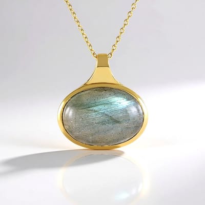 Cavill - Zilveren Halsketting - 925 Sterling Zilver Verguld - Groene Minary Labradoriet 10,8 ct Ovale Cabochon - Elegante Ketting - 45,7 cm