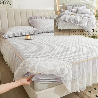 Effen Kleur Ruit Kant Geborduurd Bedrok Verdikt Gewatteerd Stofdicht Beddeken Kussensloop Wasbaar Antislip Lakens Beddengoed 150X200cm bed skirt