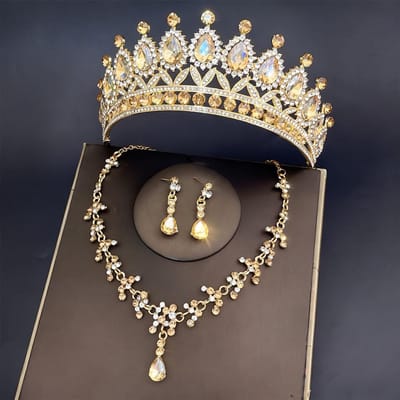 Goud Champagne Bruids Tiara Kroon Driedelig Bruiloft Ketting Oorbellen Strass Set Bruiloft Accessoires