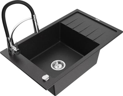 Mexen Elias granieten spoelbak met 1 kom, afdruiprek en Aster-keukenkraan, zwart/zilver metallic - 6511-73-73450-07