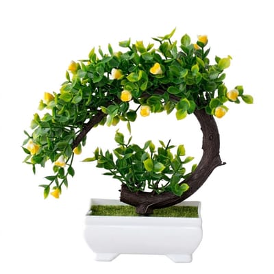 Gele kunstplant bonsai potboom kunstplanten realistische kunstmatige boom met bloemen in witte pot tafel decoratie voor woonkamer slaapkamer kantoor en bureau