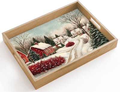 Dienblad hout 40x30 cm - Schootdienblad - Kerstsfeer - Landelijk - Rood - Borrelplank rechthoek - Plateau dienbladen