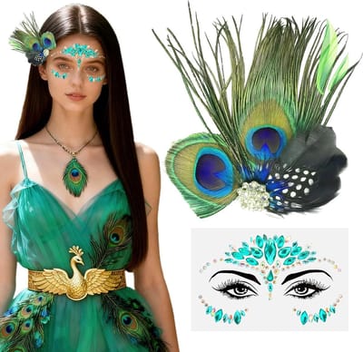 Dames Kostuum met Pauwenveren en Glitterstenen voor Carnaval en Halloween Themafeest Cosplay Accessoires