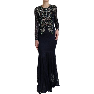 Dolce & Gabbana Blauw Kristallen Bloemenkant Lange Gown Jurk