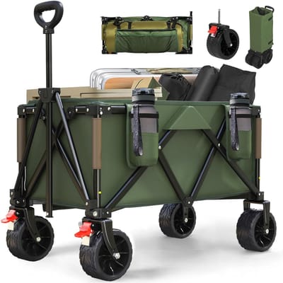 VIN® Strandkar - Bolderkar Opvouwbaar – Bolderwagen Voor Alle Terreinen – Boodschappenwagen Met Brede Banden En Handige Opbergruimtes - Tuinkar Met Verstelbare Handgreep – Winkeltrolley 150 kg Opbergruimte - Groen