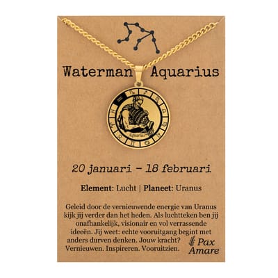 Waterman / Aquarius Sterrenbeeld Ketting op Cadeau Kaartje - Goudkleurig - RVS - Spiritueel Cadeau - 60cm - Pax Amare