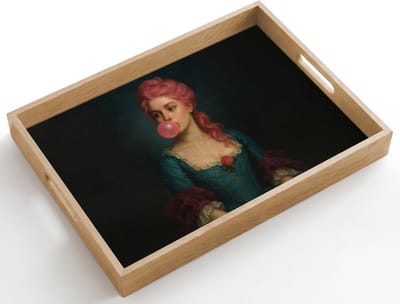 Dienblad hout 50x35 cm - Schootdienblad - Vrouw - Portret - Kauwgombel - Borrelplank rechthoek - Plateau dienbladen