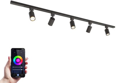 HOFTRONIC railverlichting pakket recht – 1,5 meter rail – 5 RGBWW GU10 railspots – dimbaar via app – aluminium zwart – IP20 – modulair – 230V – led railverlichting woonkamer keuken